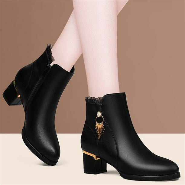 2019 New Womens Lady Retro Goth Pointy Toe Lace Up Block Mid Heels Leather Boots 